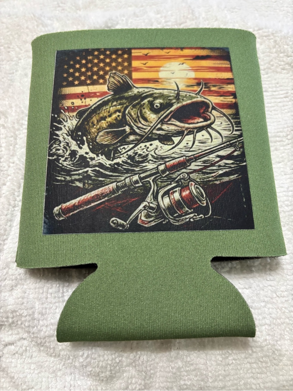 NEW Fishing Catfish Graphic Can Cooler - Olive Green